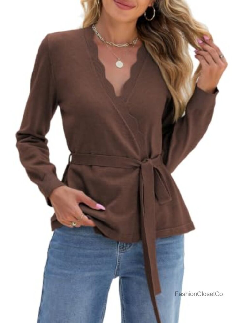 Sidefeel Women's Cardigan Sweater Long Sleeve Wave V-Neck Self Tie Belt Knit